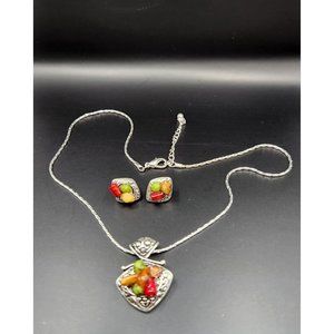 Silver Necklace & Pierced Earrings set Multicolored Beads